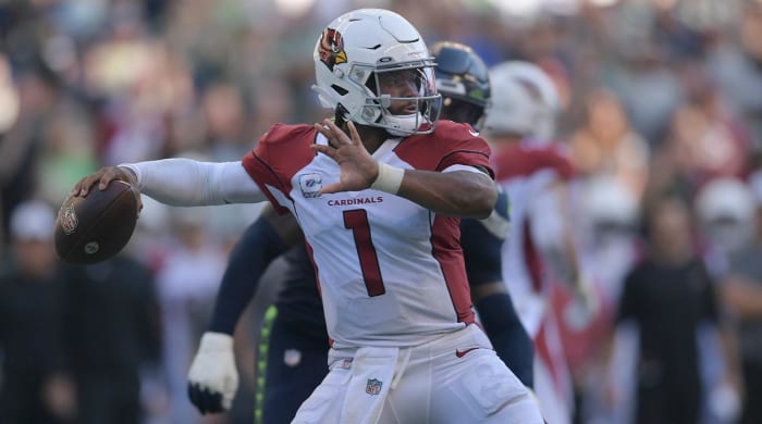 Arizona Cardinals quarterback Kyler Murray (1) passes against the Seattle Seahawks during the second half of an NFL football game in Seattle, Sunday, Oct. 16, 2022.